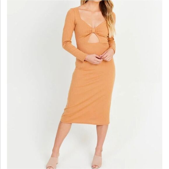 NWT Altar'd State Kathryn Mustard Fitted Long Sleeve Midi Dress Size Small - Picture 1 of 7